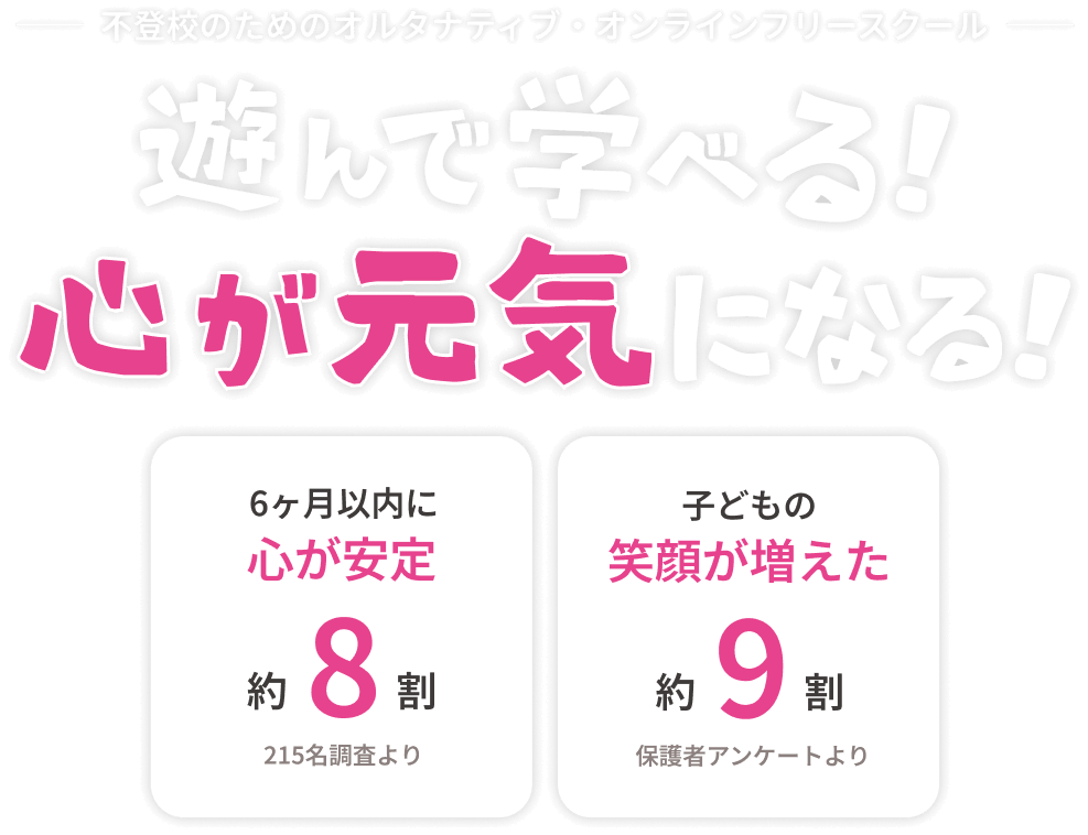 不登校のためのオルタナティブ・オンラインフリースクール 遊んで学ぶ！心が元気になる！｜6ヶ月以内に心が安定 約8割｜子どもの笑顔が増えた 約9割