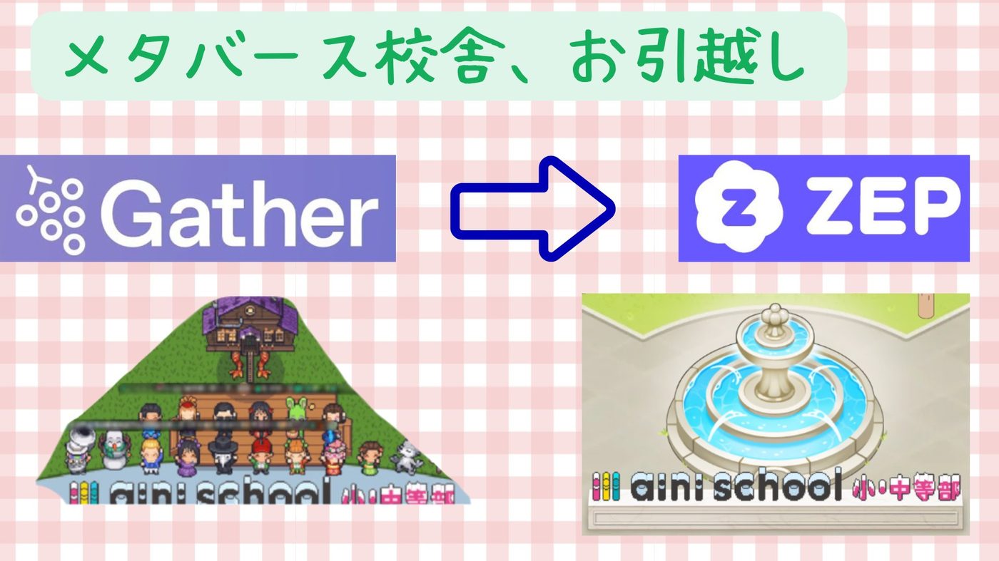 aini schoolのメタバース校舎が、GatherプラットフォームからZEPプラットフォームへ移行した様子。新旧の校舎風景を比較