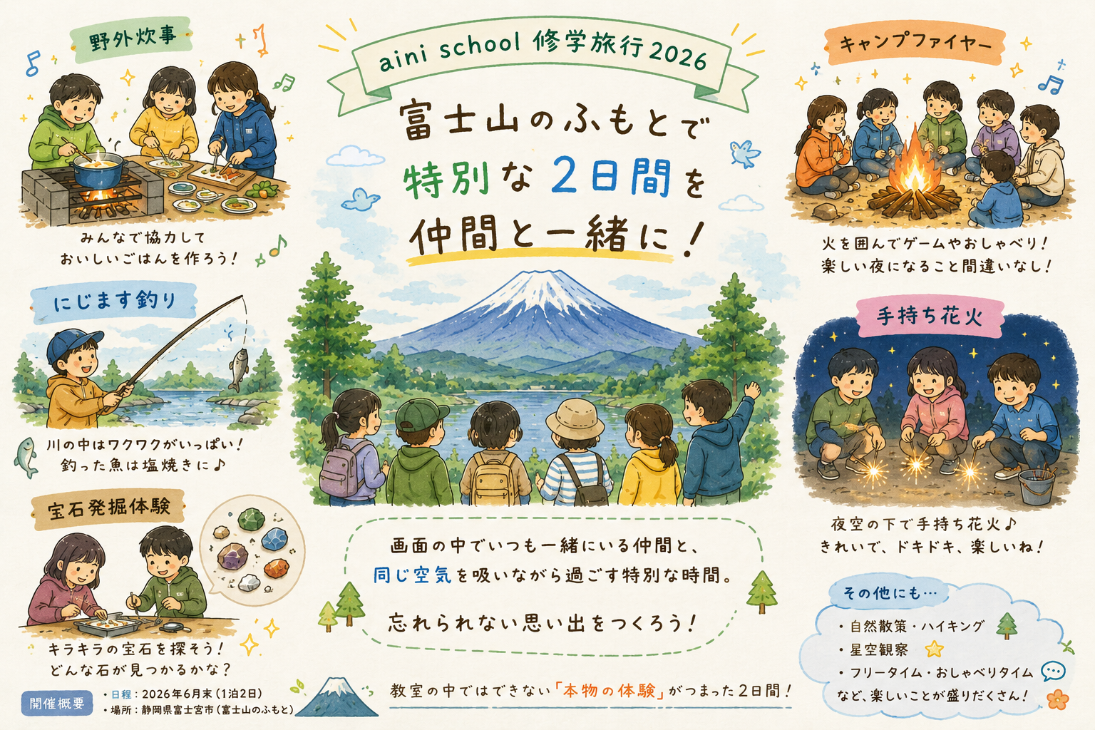 富士山を背景に、子どもたちが野外炊事、にじます釣り、宝石発掘、キャンプファイヤー、手持ち花火などを楽しんでいる様子を描いた、水彩風のやさしいタッチの修学旅行イラスト。