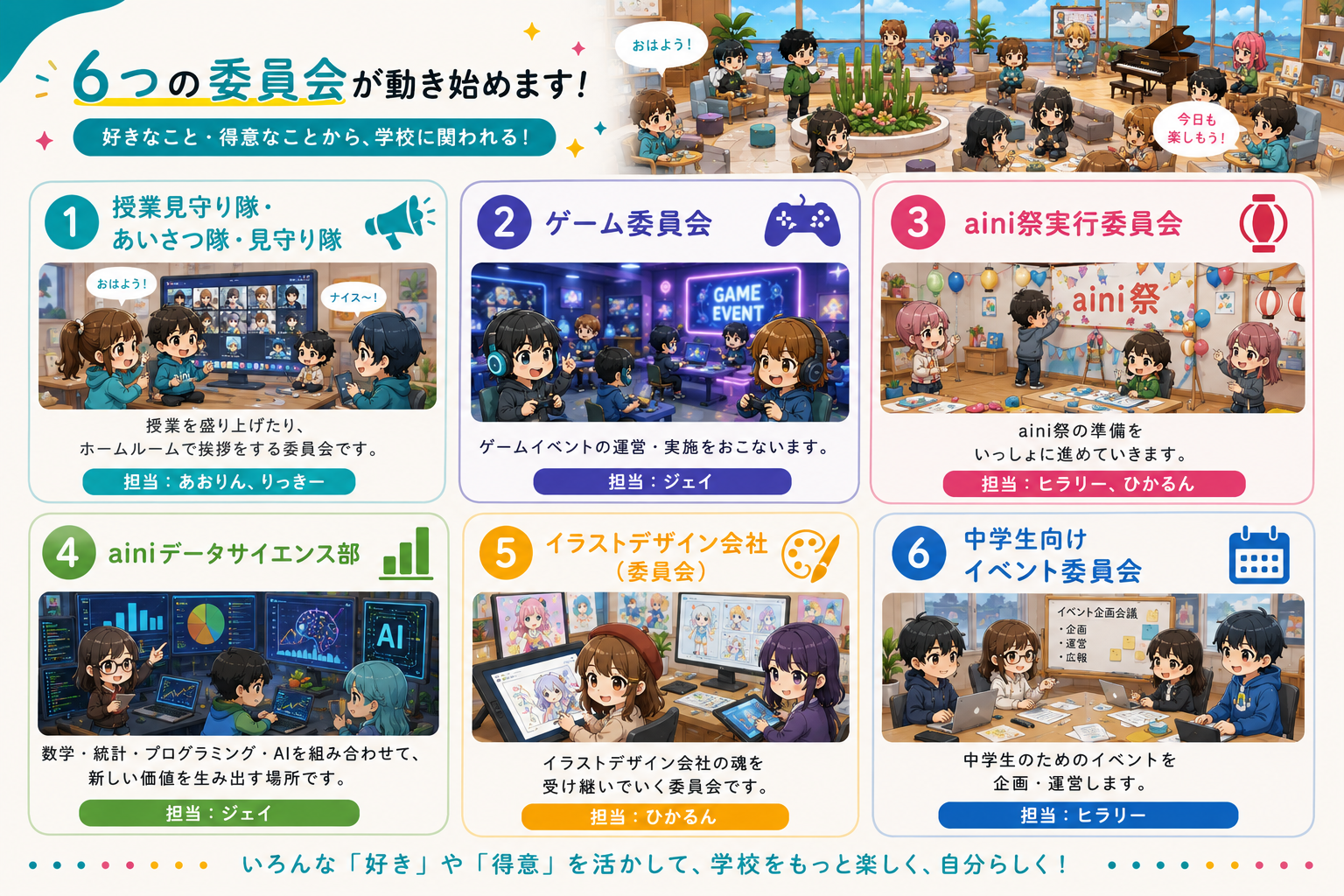 aini schoolの6つの委員会を紹介するイラスト図。授業見守り隊・ゲーム委員会・aini祭実行委員会・データサイエンス部・イラストデザイン会社・中学生向けイベント委員会が並ぶ