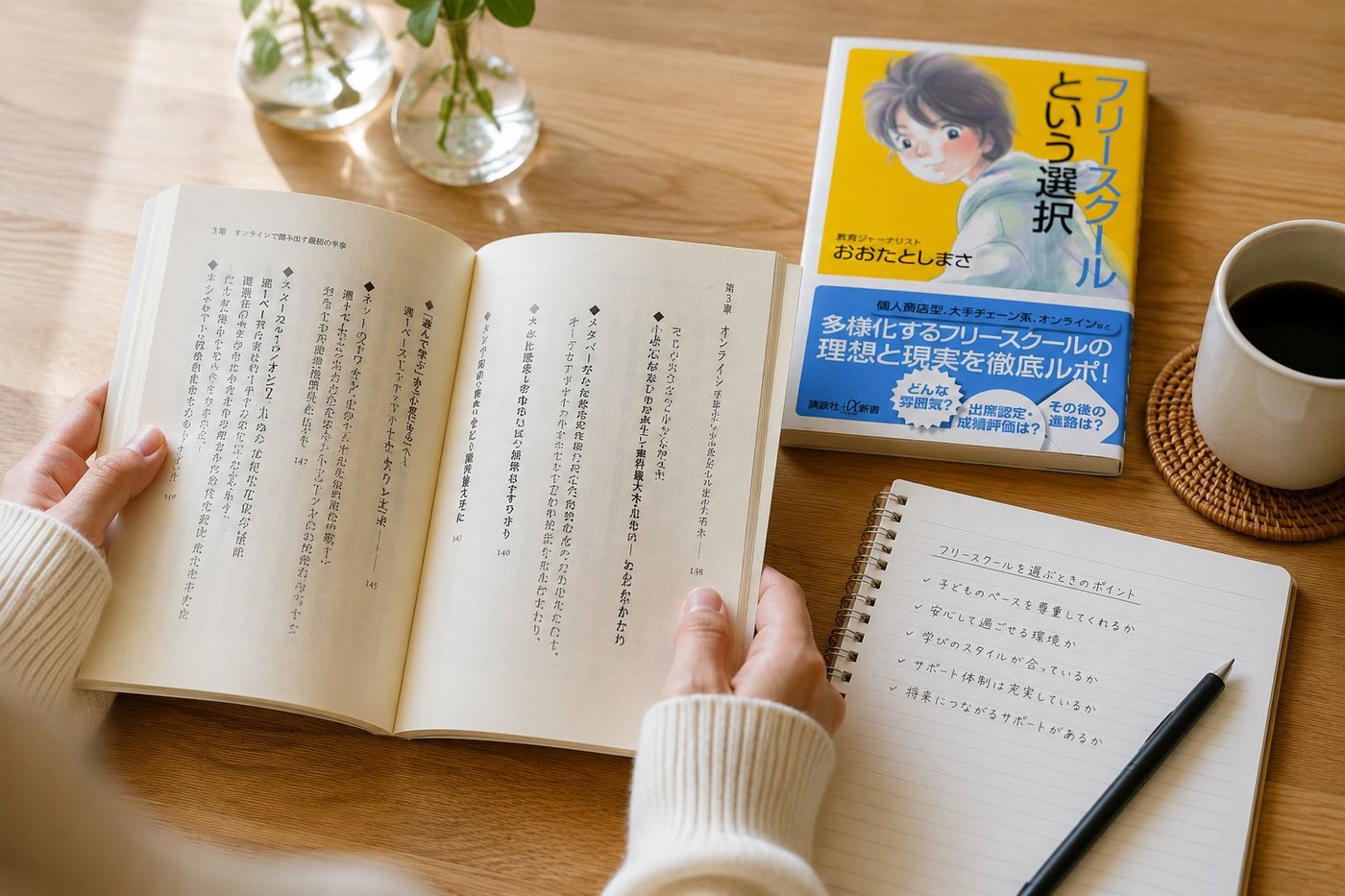 テーブルの上に広げた『フリースクールという選択』を読む保護者の手元。隣にはフリースクールを選ぶポイントをメモしたノートが置かれている