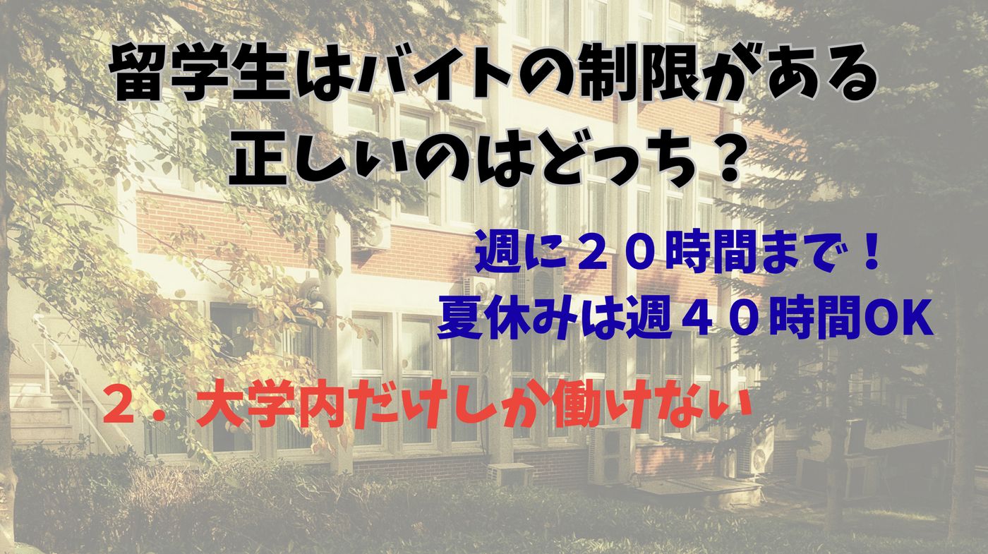 レンガ造りの建物を背景に「留学生はバイトの制限がある 正しいのはどっち？」というクイズスライド。正解は週に20時間ま