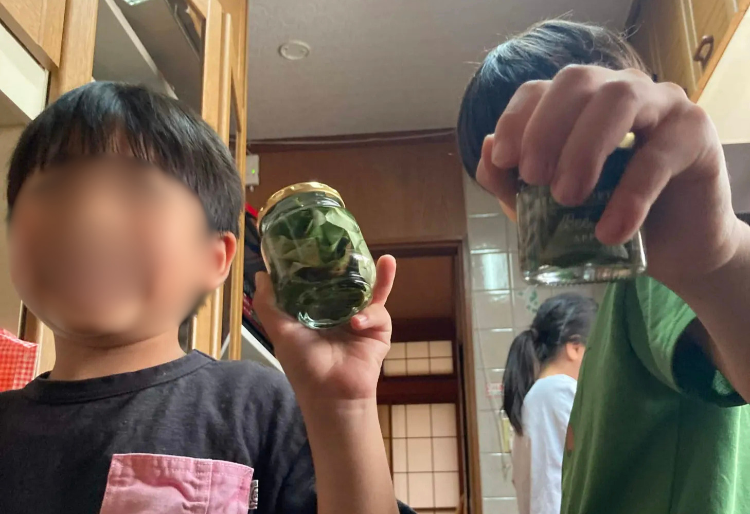 ビンの中にドクダミの葉を詰めて、チンキ作りに集中する子どもたち