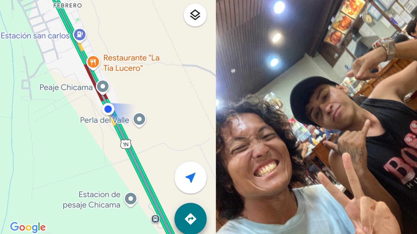 ペルーの道路上のGoogleマップと、強盗後に助けてくれた地元の人と笑顔で自撮りするリッキーさんの2枚組