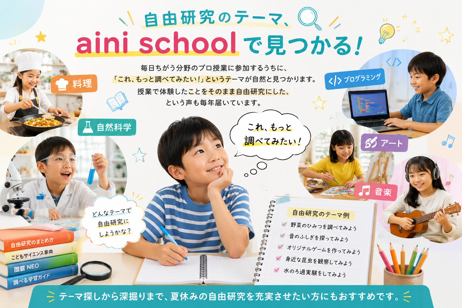 aini schoolサマースクールで自由研究のテーマを探す子どもたちのイメージ。料理・自然科学・プログラミング・アート・音楽など多彩な授業から興味関心を広げている様子。