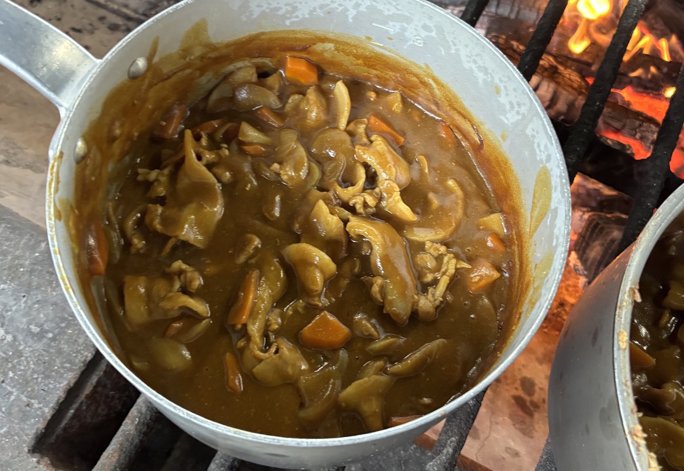 薪火にかけた大鍋で煮込まれた具だくさんのカレー